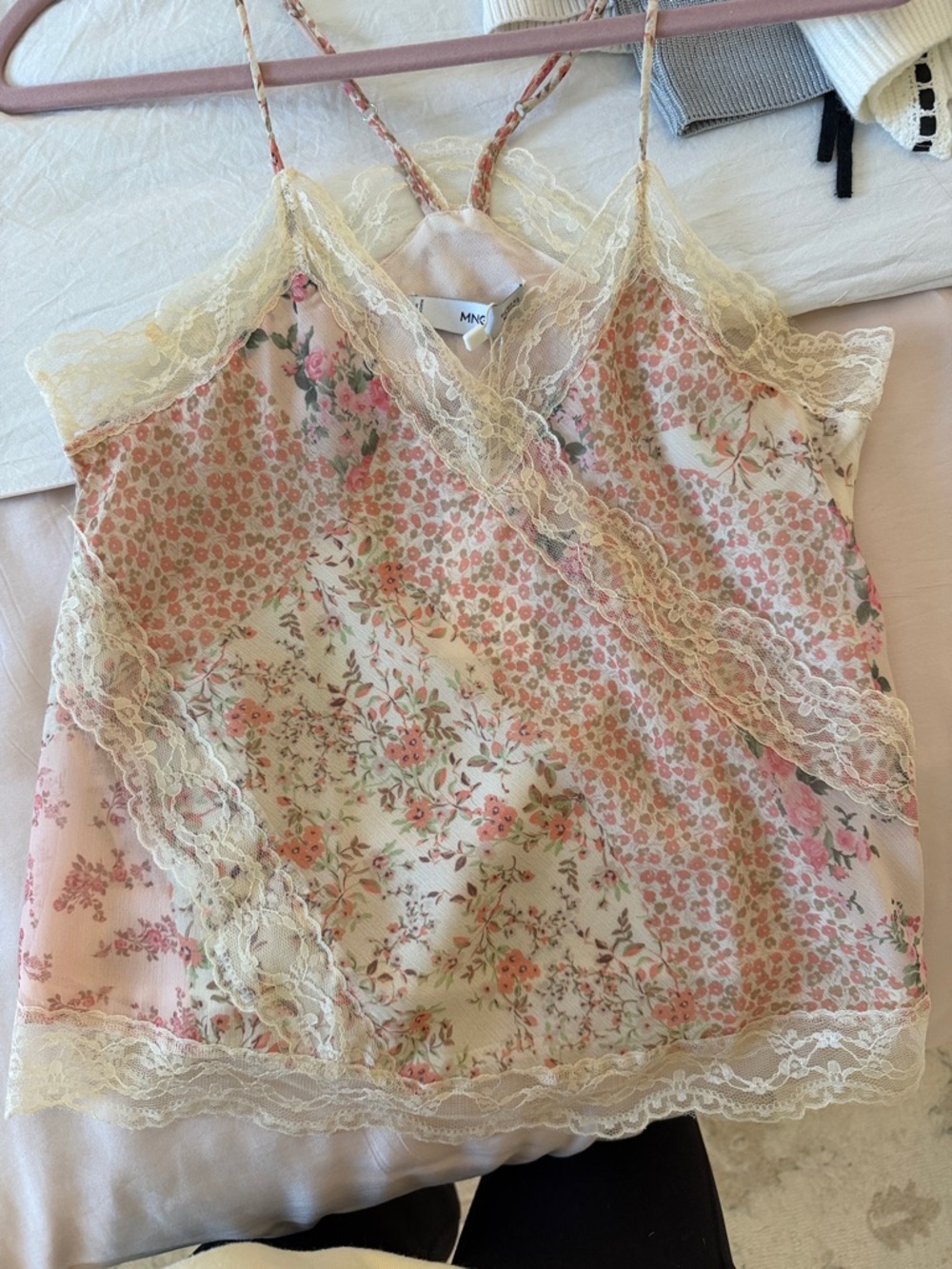 Mango Pink Cream Floral Lace-Trim Camisole
